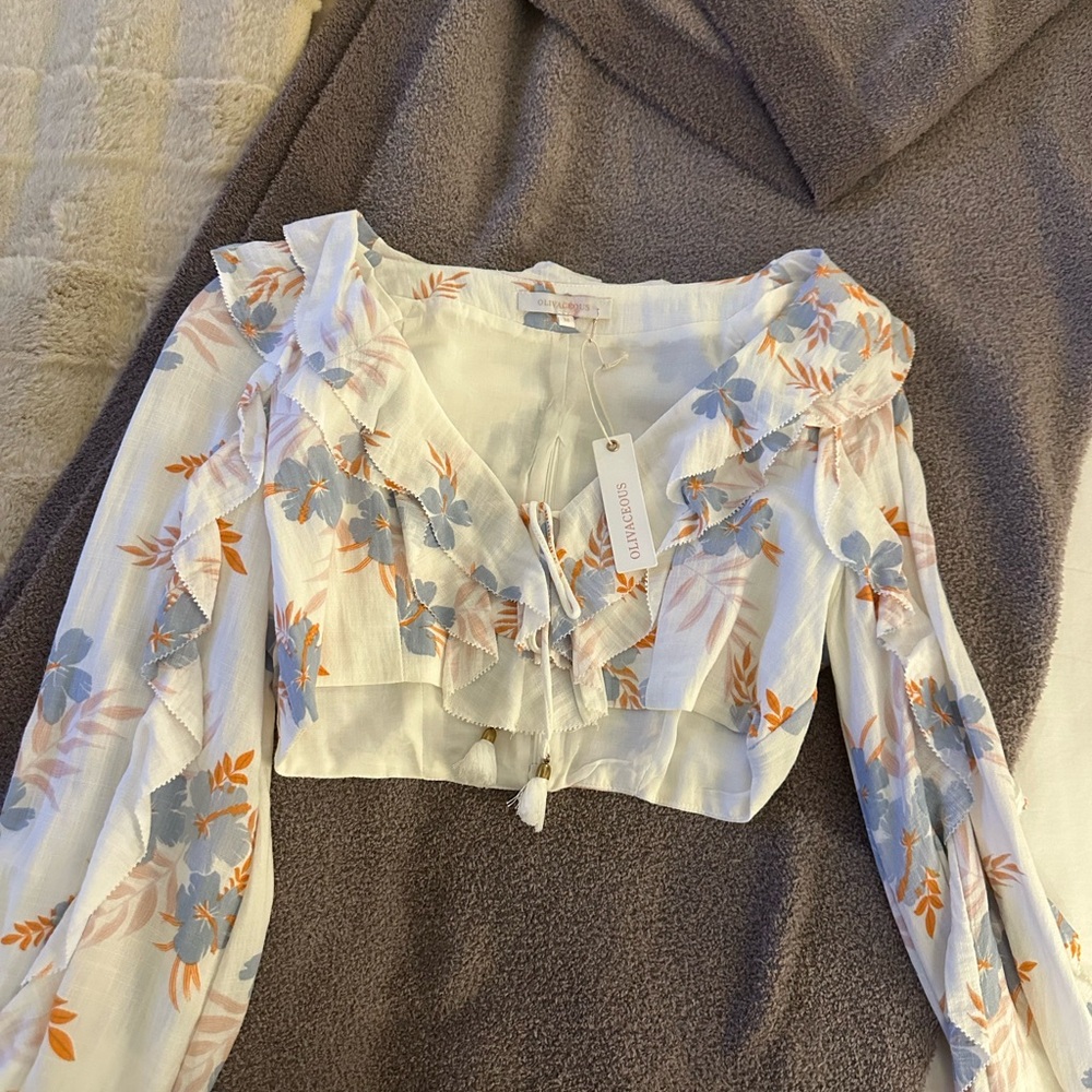 Cream White Crop Blouse with Ruffled Tie Front